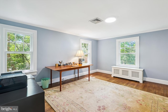 300 E Broad St, Falls Church, VA 22046 - office with crown molding, radiator heating unit, and wood finished floors
