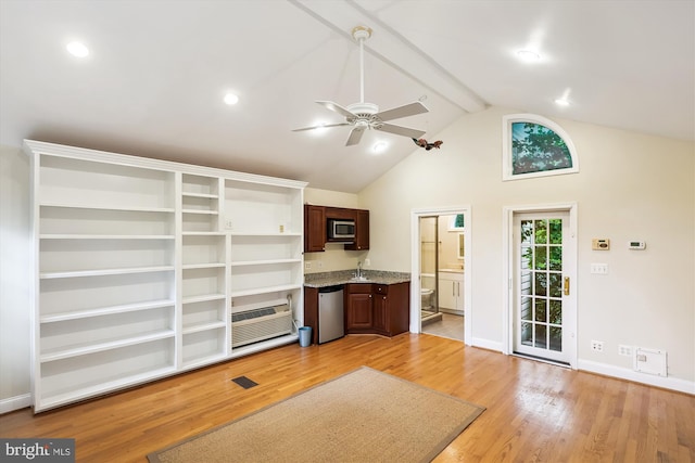 300 E Broad St, Falls Church, VA 22046 - kitchen with stainless steel appliances, a ceiling fan, beam ceiling, light wood-style floors, and high vaulted ceiling