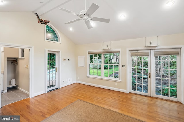 300 E Broad St, Falls Church, VA 22046 - unfurnished living room featuring light wood finished floors, beam ceiling, ceiling fan, high vaulted ceiling, and recessed lighting