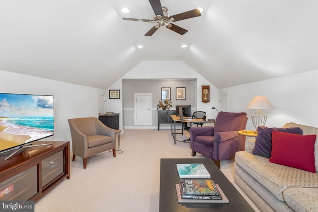 living area featuring vaulted ceiling, ceiling fan, light carpet, and recessed lighting