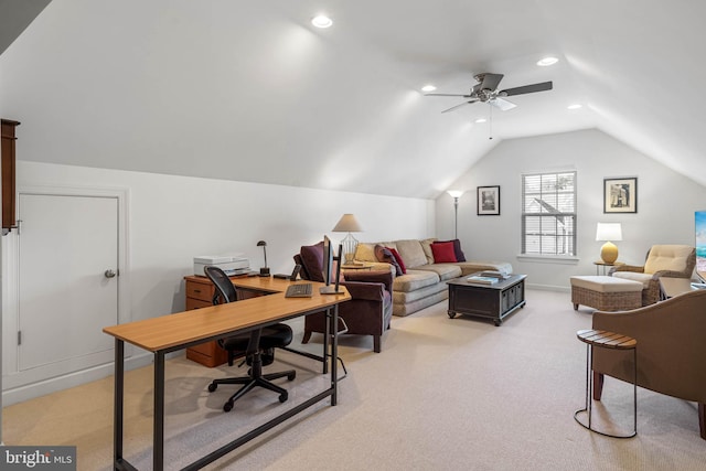 home office with recessed lighting, vaulted ceiling, a ceiling fan, and light colored carpet