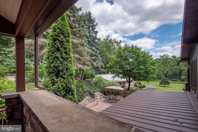 deck featuring a patio area and a lawn