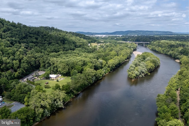 birds eye view of property featuring a water view and a wooded view