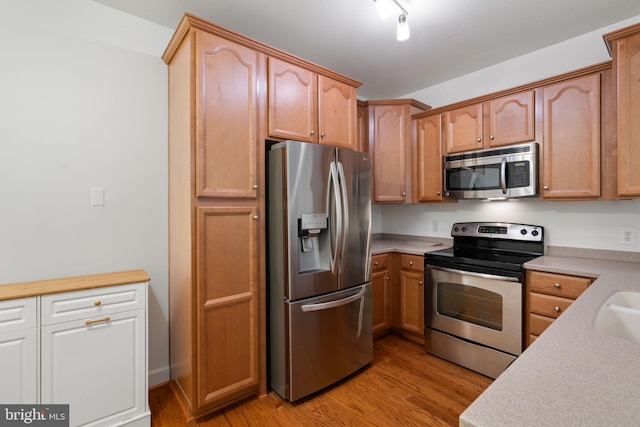 kitchen with light wood finished floors, light countertops, and appliances with stainless steel finishes