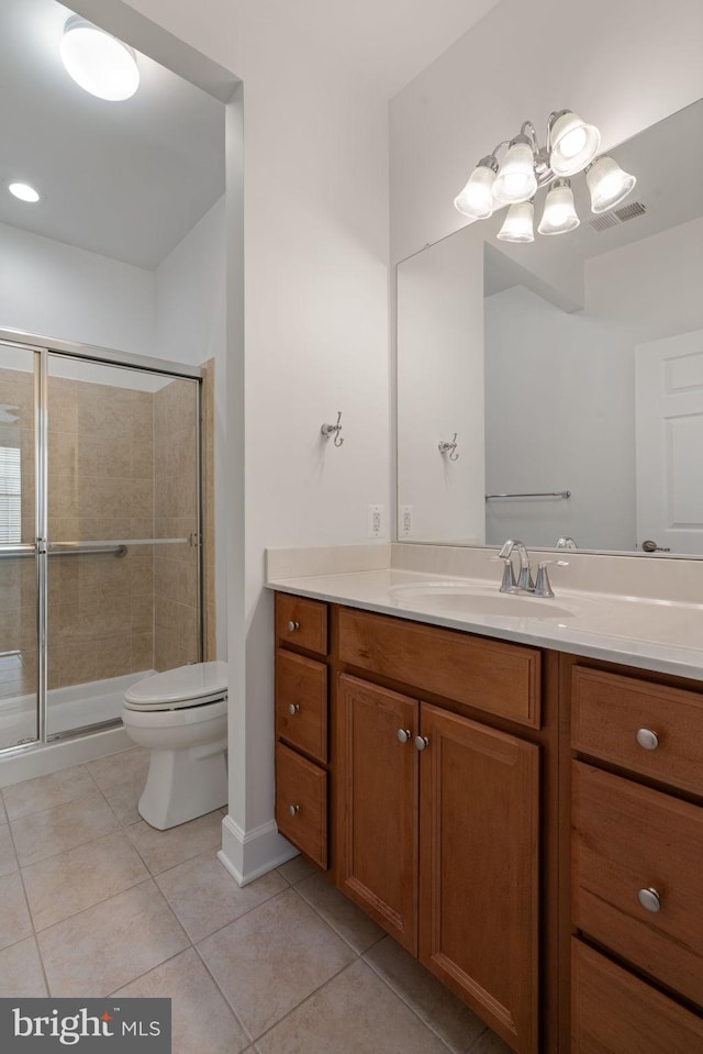 full bath featuring toilet, a stall shower, visible vents, and tile patterned floors