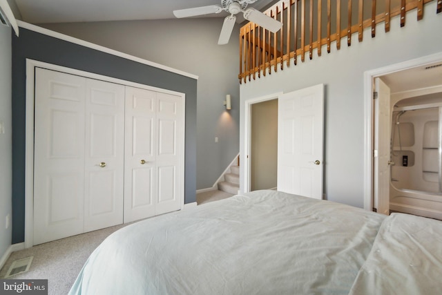 bedroom featuring light colored carpet, a closet, visible vents, and baseboards