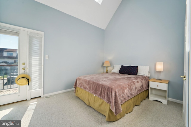 bedroom featuring vaulted ceiling, light carpet, visible vents, and baseboards