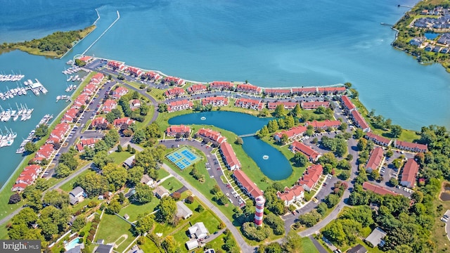 drone / aerial view with a water view