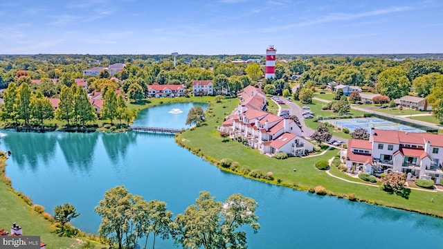 bird's eye view with a water view and a residential view