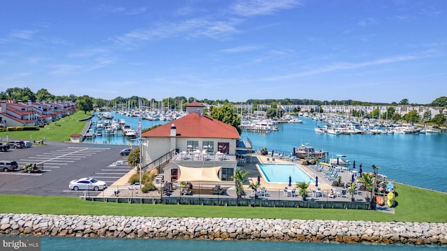 aerial view featuring a water view