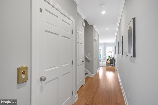 927 12th St NE, Washington, DC 20002 - hallway featuring light wood-type flooring, baseboards, recessed lighting, and crown molding