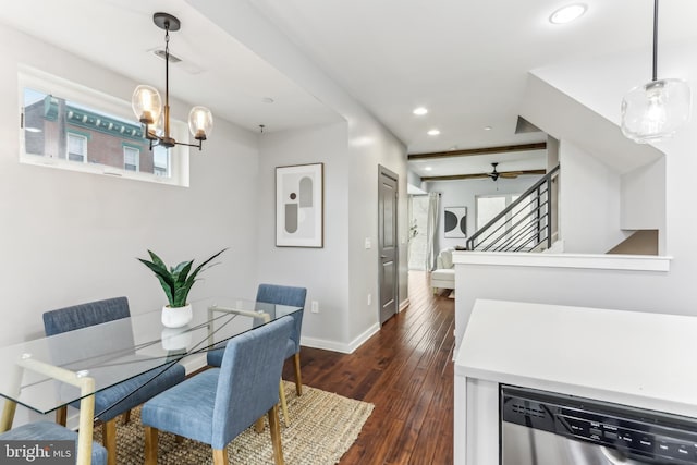 dining room featuring recessed lighting, ceiling fan with notable chandelier, baseboards, stairs, and dark wood finished floors