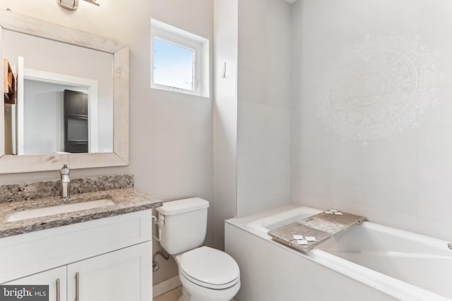 full bathroom with a tub to relax in, vanity, and toilet