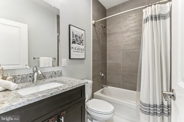 full bathroom featuring toilet, shower / bathtub combination with curtain, and vanity