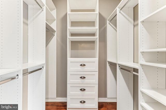 spacious closet with dark wood-style floors