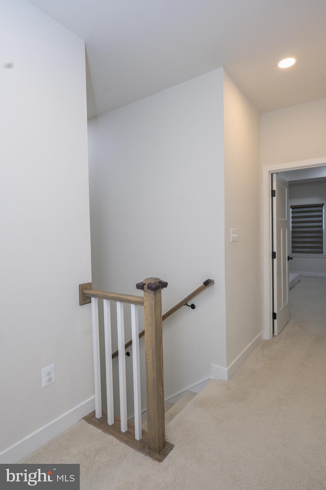 stairs with recessed lighting, carpet flooring, and baseboards