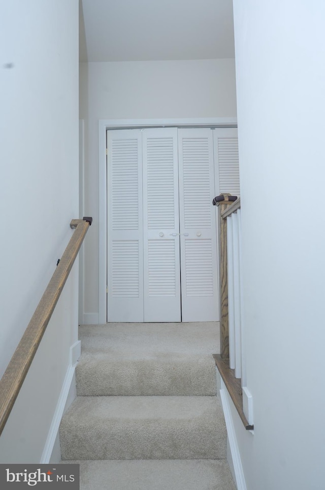 staircase featuring carpet floors and baseboards