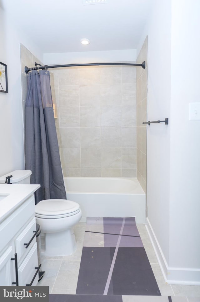 full bath featuring toilet, visible vents, vanity, tile patterned floors, and shower / bath combo with shower curtain