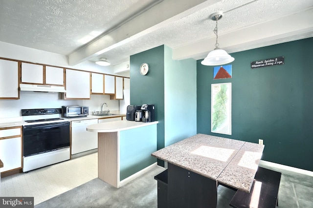 kitchen with under cabinet range hood, range with electric cooktop, light countertops, dishwasher, and stainless steel microwave