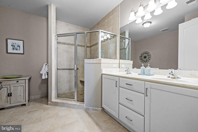 bathroom with a shower stall, visible vents, and a sink