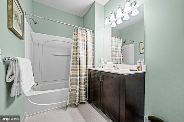 full bath featuring shower / tub combo, tile patterned flooring, and vanity