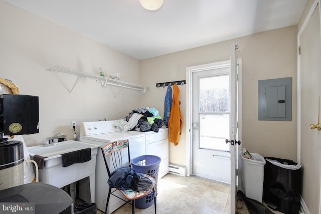 laundry room with a baseboard heating unit, a sink, washer and dryer, laundry area, and electric panel