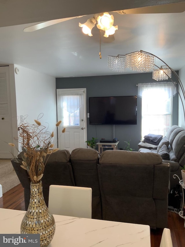 living room featuring dark wood-type flooring