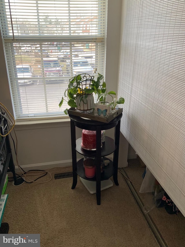 dining space with a wealth of natural light, baseboards, and carpet flooring