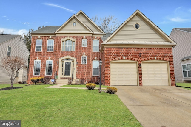 view of front of house featuring a garage, concrete driveway, brick siding, and a front yard