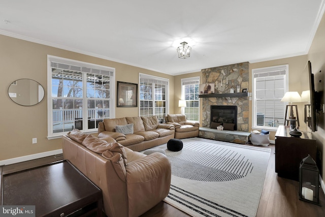 13110 Ogles Hope Dr, Bowie, MD 20720 - living room featuring baseboards, a stone fireplace, dark wood finished floors, and crown molding