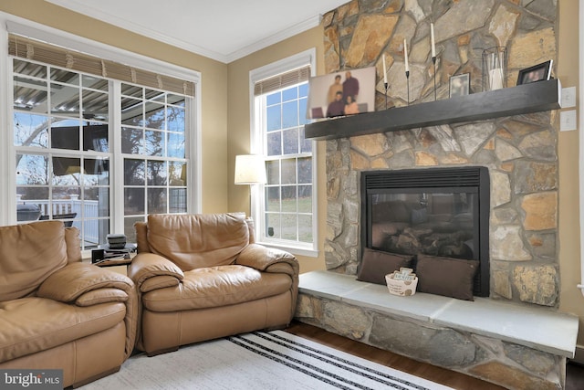 13110 Ogles Hope Dr, Bowie, MD 20720 - living room featuring wood finished floors, crown molding, and a stone fireplace