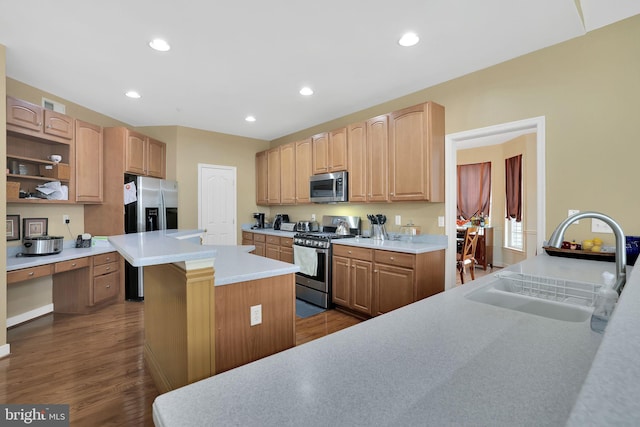 13110 Ogles Hope Dr, Bowie, MD 20720 - kitchen featuring a center island, open shelves, light countertops, appliances with stainless steel finishes, and a sink