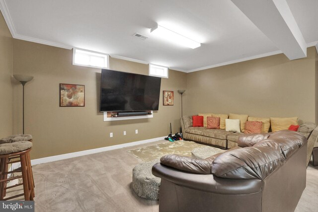 13110 Ogles Hope Dr, Bowie, MD 20720 - living room featuring light colored carpet, crown molding, visible vents, and baseboards