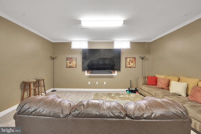 13110 Ogles Hope Dr, Bowie, MD 20720 - living room featuring baseboards, light colored carpet, and crown molding