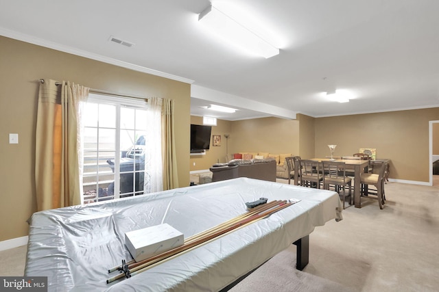 13110 Ogles Hope Dr, Bowie, MD 20720 - recreation room featuring ornamental molding, visible vents, and light colored carpet