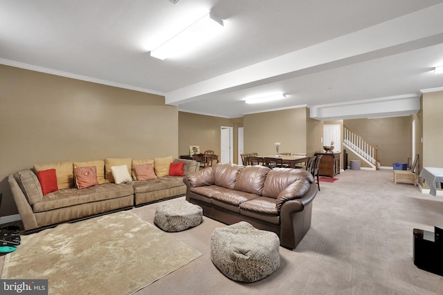 13110 Ogles Hope Dr, Bowie, MD 20720 - carpeted living room with ornamental molding, stairway, and baseboards