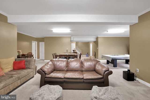 13110 Ogles Hope Dr, Bowie, MD 20720 - living room featuring light carpet, baseboards, stairs, and crown molding