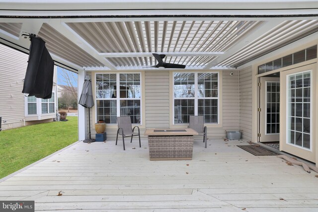 13110 Ogles Hope Dr, Bowie, MD 20720 - wooden terrace with ceiling fan, a lawn, and a pergola
