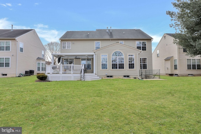 13110 Ogles Hope Dr, Bowie, MD 20720 - back of property with a deck, central AC unit, a lawn, and a pergola