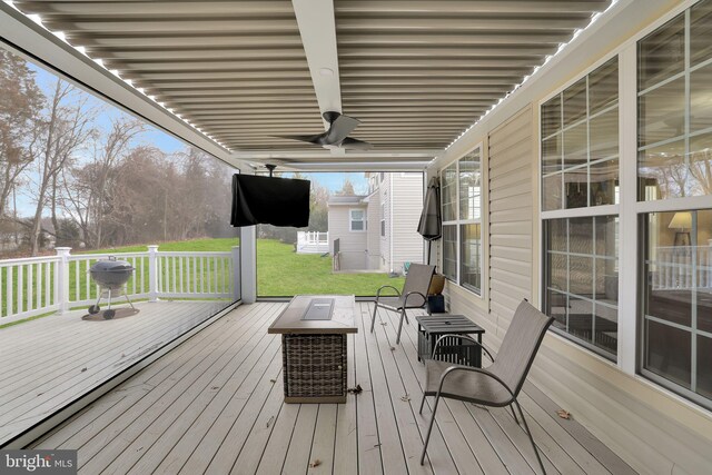 13110 Ogles Hope Dr, Bowie, MD 20720 - wooden terrace with a ceiling fan and a lawn