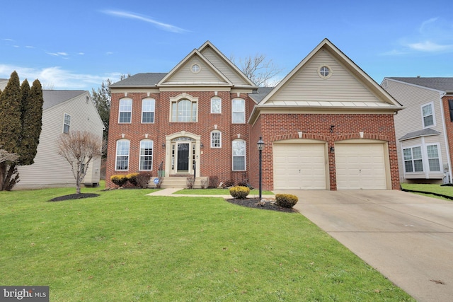 13110 Ogles Hope Dr, Bowie, MD 20720 - view of front facade with a garage, concrete driveway, brick siding, and a front lawn