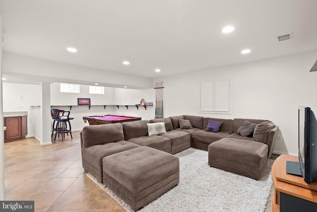 living room featuring light tile patterned floors, recessed lighting, pool table, visible vents, and baseboards