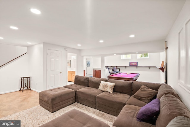 living area with recessed lighting, pool table, and baseboards