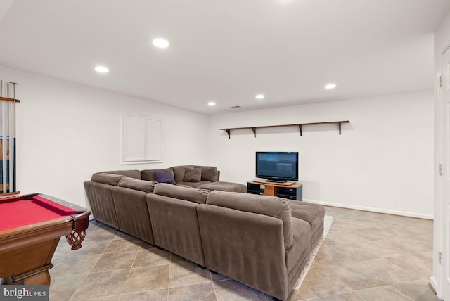 living area featuring billiards, baseboards, and recessed lighting