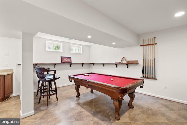 game room featuring baseboards, pool table, and recessed lighting