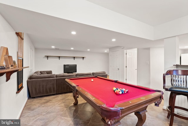 rec room with billiards, baseboards, and recessed lighting