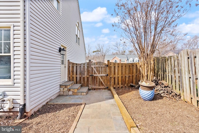 view of yard featuring a patio area, a gate, and fence