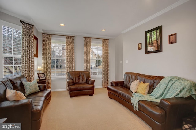 carpeted living area with baseboards, ornamental molding, and recessed lighting