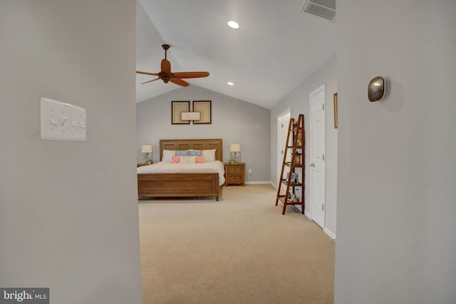 bedroom featuring lofted ceiling, recessed lighting, light colored carpet, visible vents, and baseboards