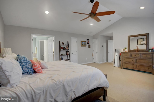 bedroom featuring light carpet, baseboards, vaulted ceiling, and recessed lighting